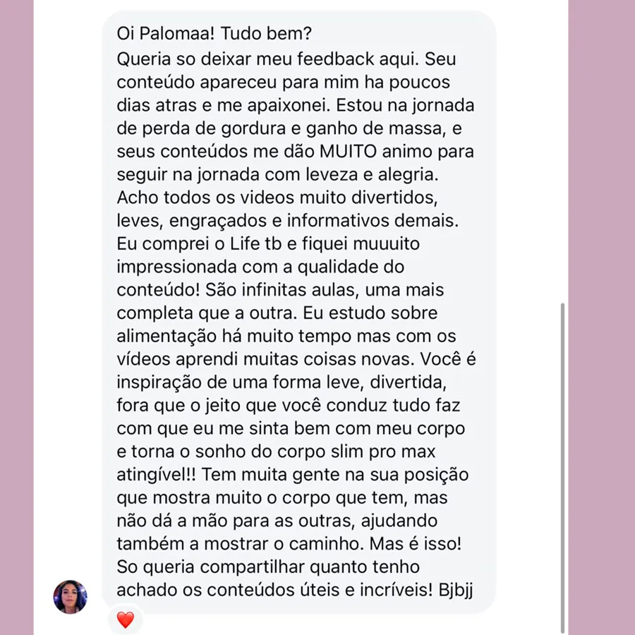 Mensagem de aluna do Time LIFE contando o resultado