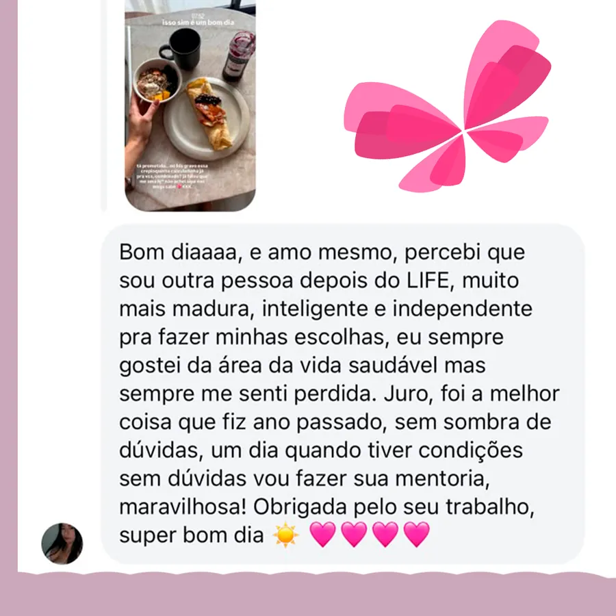 Mensagem de aluna do Time LIFE contando o resultado