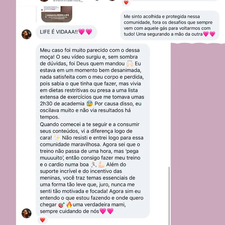 Mensagem de aluna do Time LIFE contando o resultado